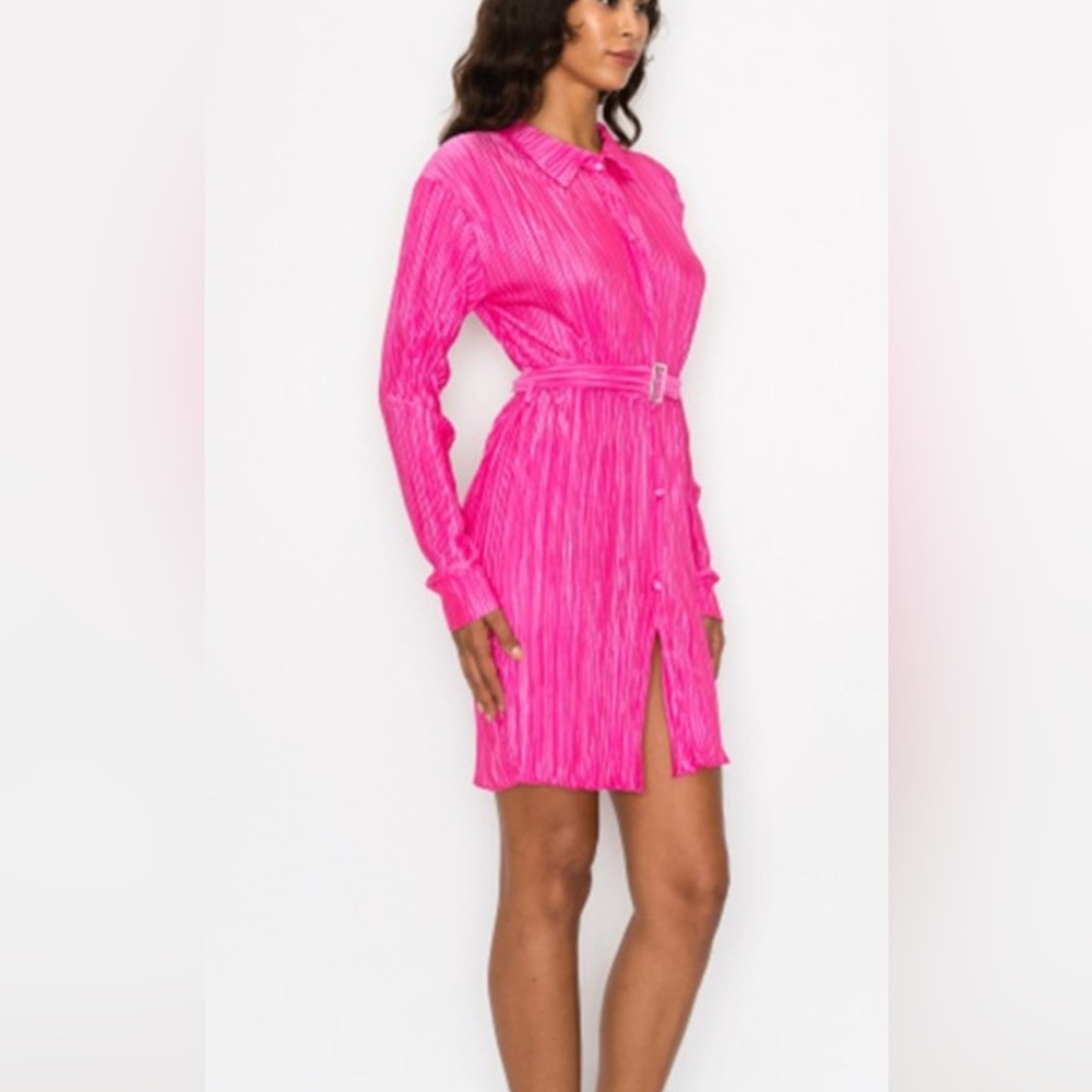 NEW - Pink Crinkled Shirt Dress, Size: Large